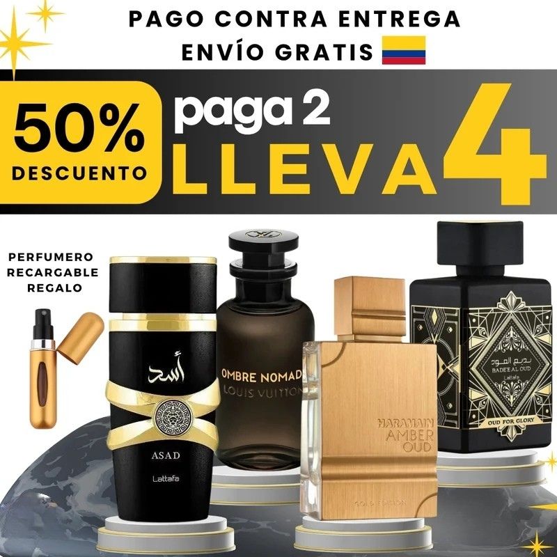 Compra 2 y llévate 4 -  KIT 4 PERFUMES + REGALO ( Lattafa Oud For Glory, Lattafa Asad, Al Haramain, Ombre Nomade)